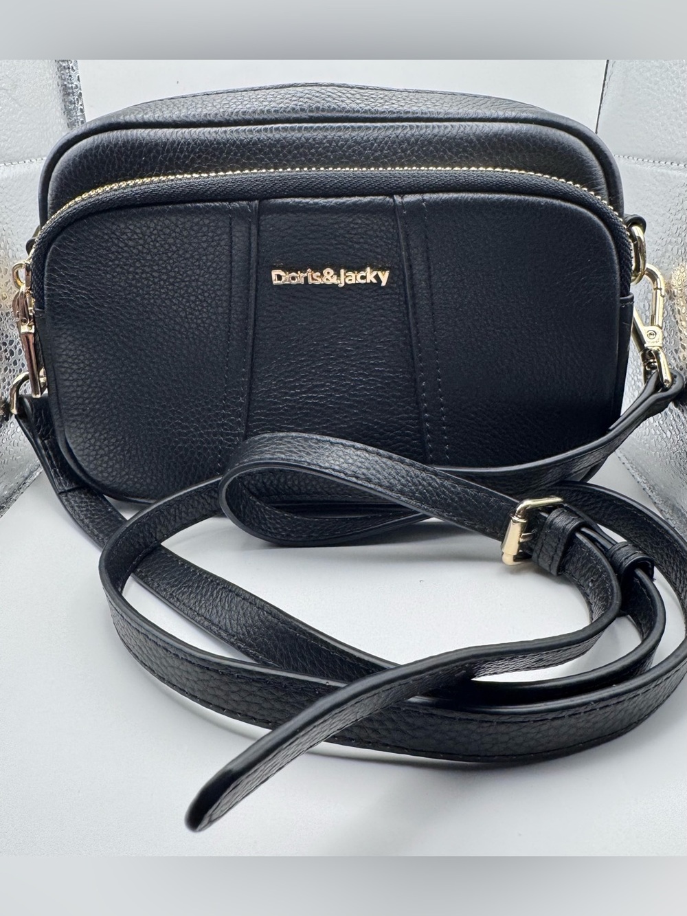 Doris and Jacky Black Leather Crossbody Bag